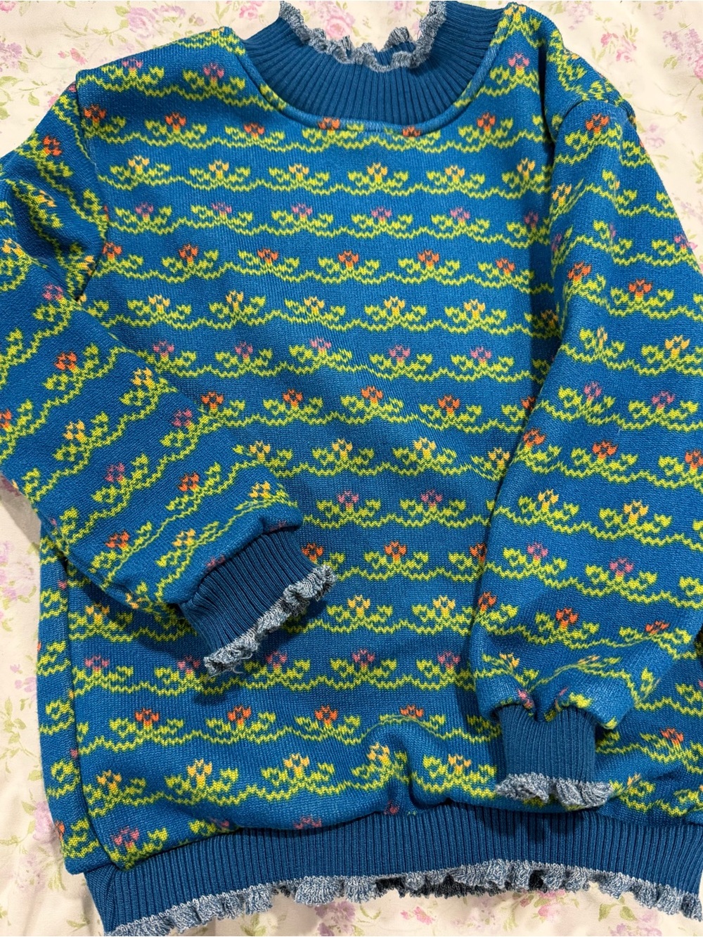 Source Unknown Blue & Green Kids Sweater with Floral Fair Isle Pattern